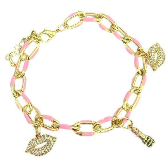 Pink Enamel & Gold tone Paperclip Link Bracelet with Lips & Lipstick‎ Charms - Picture 1 of 5